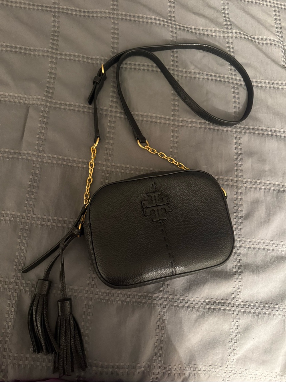 Tory Burch Black Pebbled Leather McGraw Crossbody with Gold Chain